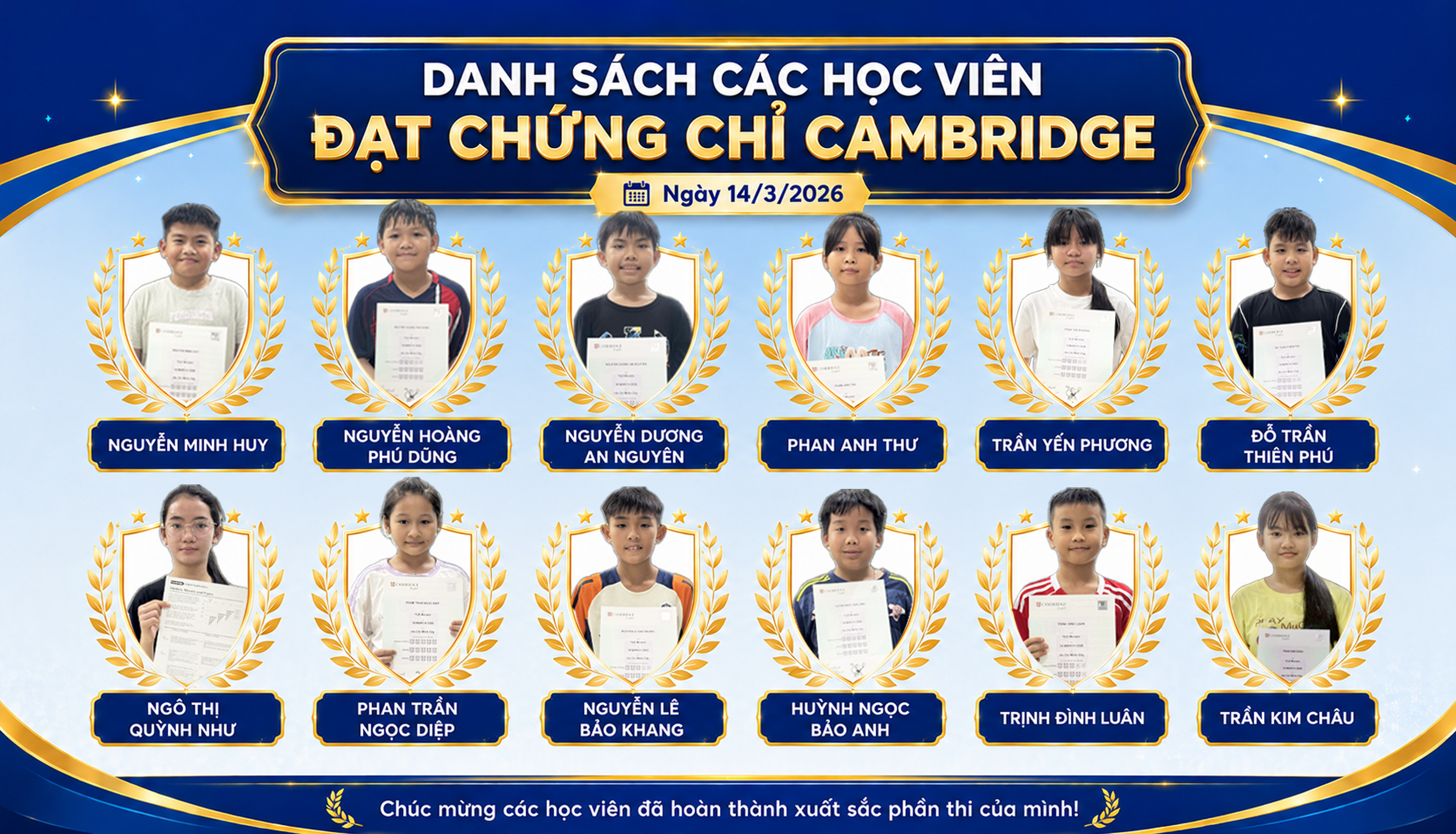 Danh sách các học viên đã đạt chứng chỉ Cambridge ngày 14/03/2026.